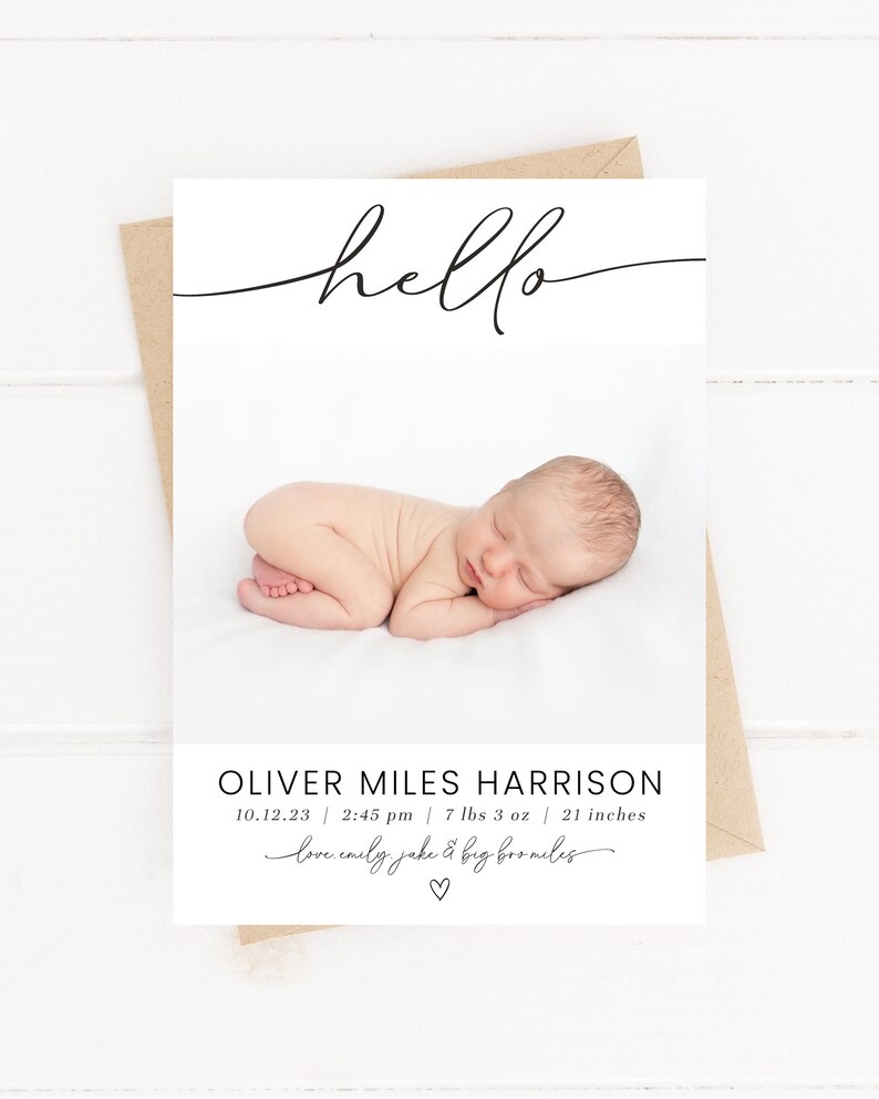 May include: A white card with black text announcing the birth of Oliver Miles Harrison. The card includes the baby's birth date, time, weight, and length. The text "hello" is written in cursive at the top of the card. A photo of a newborn baby is in the center of the card.