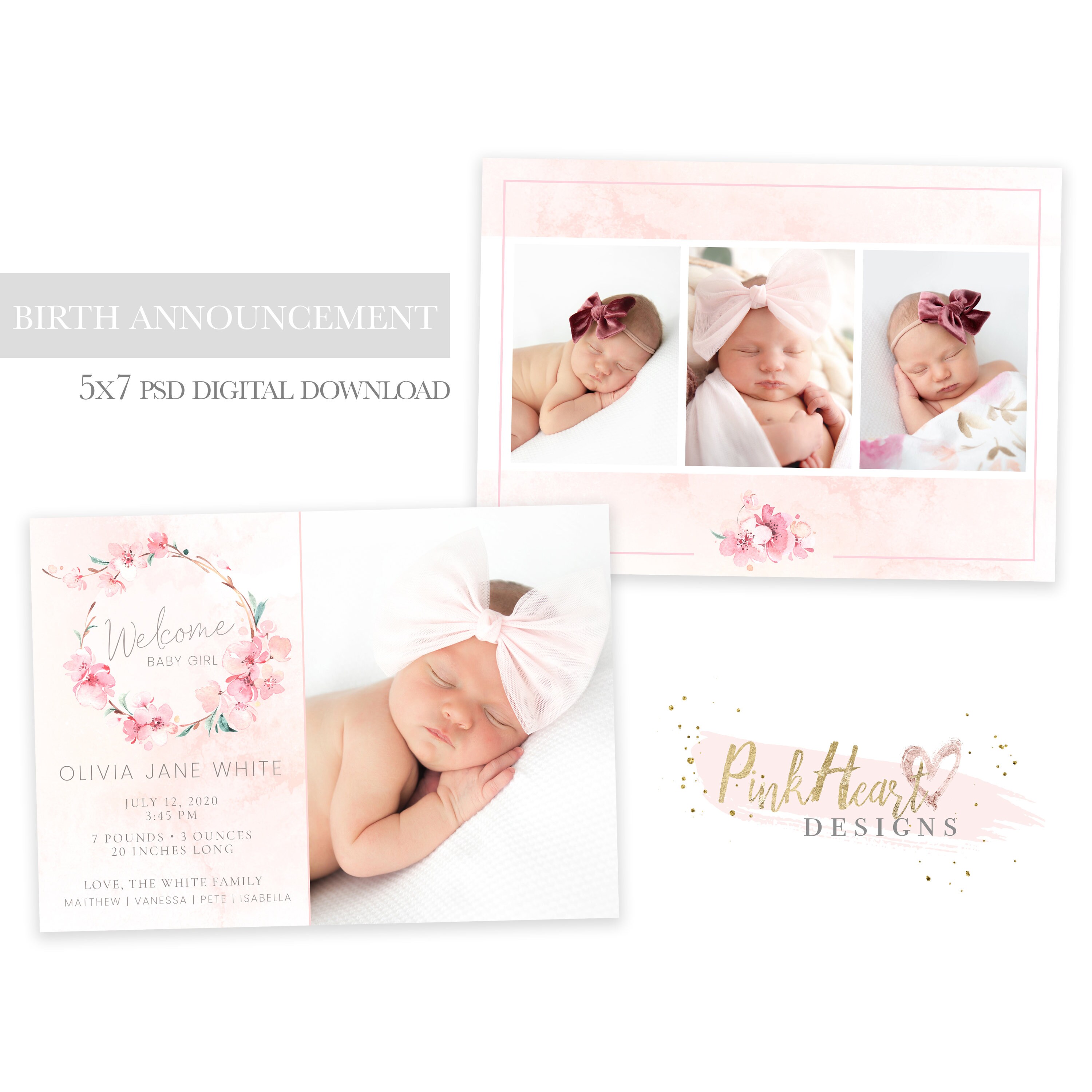 Printable Postcard Canva Penny Rose Design Floral Instant Download Birth Announcement Template Editable