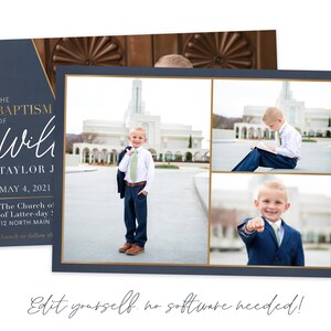 May include: A blue and gold invitation for a baptism. The invitation features a photo collage of a young boy in a suit, a temple, and a book. The text reads "The Baptism of Will Taylor J. May 4, 2021 The Church of Latter-day Saints 12 North Main Lunch to follow"