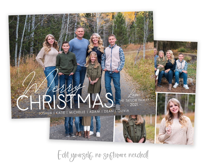 May include: A Christmas card featuring a family of seven standing in a forest setting. The card has a collage of photos with the text "Merry Christmas" and "Love The Taylor Family 2021" in white script.