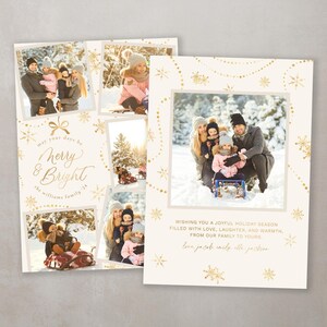 May include: A Christmas card featuring a family of four in a snowy winter scene. The card has a gold and white colour scheme with a festive message that reads "May your days be Merry & Bright, The Williams Family".