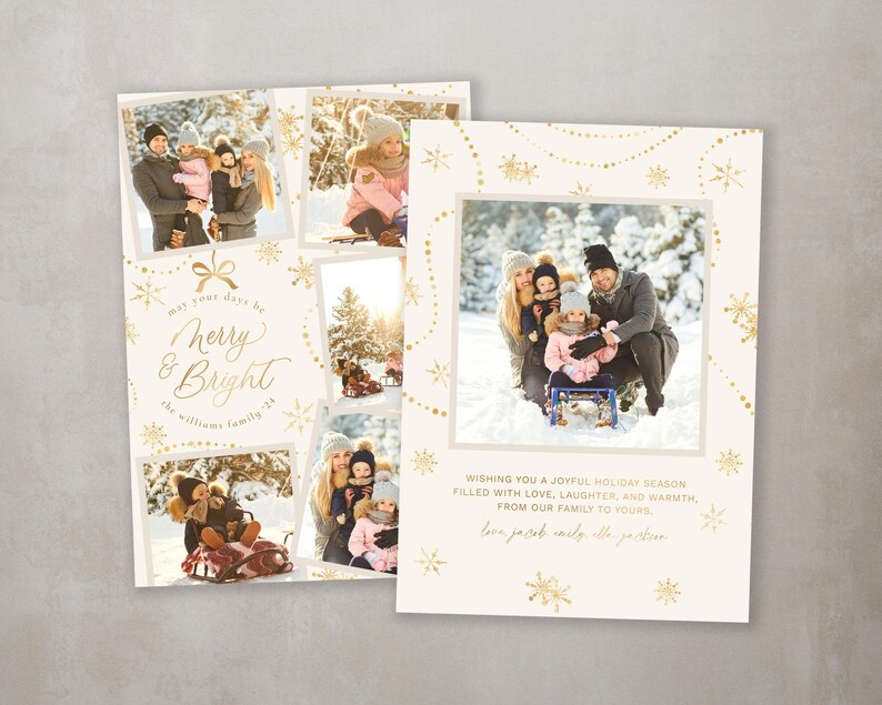 May include: A Christmas card featuring a family of four in a snowy winter scene. The card has a gold and white colour scheme with a festive message that reads "May your days be Merry & Bright, The Williams Family".