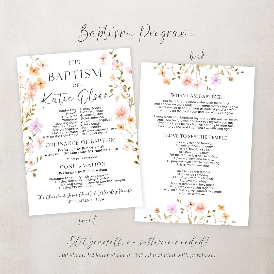 LDS Baptism Program Template: Floral Girl Baptism (customizable) - Etsy