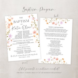 LDS Baptism Program Girl Baptism Program LDS Baptism LDS Girls Baptism Program Customizable Baptism Program