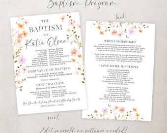 LDS Baptism Program Template: Floral Girl Baptism (Customizable)