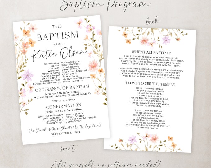LDS Baptism Program Girl Baptism Program LDS Baptism LDS Girls Baptism Program Customizable Baptism Program
