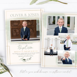 May include: A baptism invitation with a green watercolour background and gold accents. The invitation features a photo of a young boy in a suit and tie. The text on the invitation reads "Oliver B. Jones invites you to his Baptism August 18, 2022 at 11:30 AM. The Church of Jesus Christ of Latter-day Saints 270 W Burton in Kaysville, Utah."