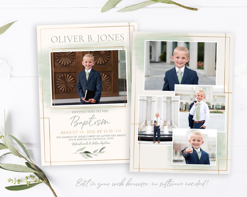 May include: A baptism invitation with a green watercolour background and gold accents. The invitation features a photo of a young boy in a suit and tie. The text on the invitation reads "Oliver B. Jones invites you to his Baptism August 18, 2022 at 11:30 AM. The Church of Jesus Christ of Latter-day Saints 270 W Burton in Kaysville, Utah."