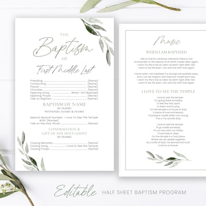 LDS Baptism Program - 1/2 Sheet Baptism Program LDS - Editable Olive Branch Program - Instant Download - Baptism Program Template - Corjl