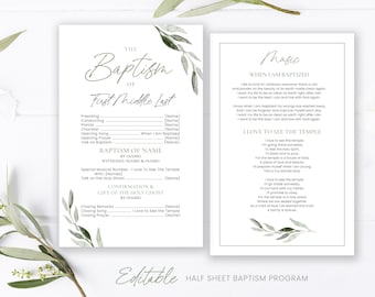 LDS Baptism Program - 1/2 Sheet Baptism Program LDS - Editable Olive Branch Program - Instant Download - Baptism Program Template - Corjl