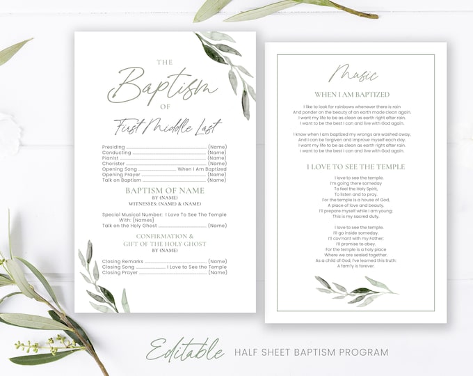 LDS Baptism Program - 1/2 Sheet Baptism Program LDS - Editable Olive Branch Program - Instant Download - Baptism Program Template - Corjl