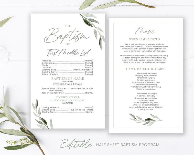 May include: A two-page baptism program with a minimalist design. The left page features fill-in-the-blank sections for names and details, while the right page includes the lyrics to "When I Am Baptized" and "I Love to See the Temple." The program is decorated with watercolor leaves.