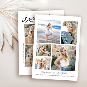 May include: A graduation announcement with a collage of photos of a young woman. The text reads "Alexis McKenna Edwards, Class of 2023, Please join us for a Graduation Celebration! May 27, 2023 | 6-8 PM | Jensen Park Pavilion | 320 N Main Street"