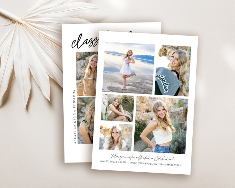 May include: A graduation announcement with a collage of photos of a young woman. The text reads "Alexis McKenna Edwards, Class of 2023, Please join us for a Graduation Celebration! May 27, 2023 | 6-8 PM | Jensen Park Pavilion | 320 N Main Street"