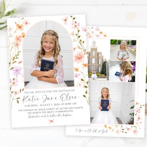 Puede incluir: Una invitaci&oacute;n de bautismo con un borde floral y una foto de una ni&ntilde;a sosteniendo un libro. El texto dice "Por favor, &uacute;nase a nosotros para el bautismo de Katie Jane Olsen, S&aacute;bado, 1 de agosto de 2024 a las 10:00 am, La Iglesia de Jesucristo de los Santos de los &Uacute;ltimos D&iacute;as, 125 North 100 West | Farmington, Refrescos despu&eacute;s del bautismo, Soy un hijo de Dios."