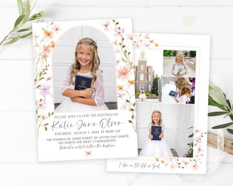 Puede incluir: Una invitaci&oacute;n de bautismo con un borde floral y una foto de una ni&ntilde;a sosteniendo un libro. El texto dice "Por favor, &uacute;nase a nosotros para el bautismo de Katie Jane Olsen, S&aacute;bado, 1 de agosto de 2024 a las 10:00 am, La Iglesia de Jesucristo de los Santos de los &Uacute;ltimos D&iacute;as, 125 North 100 West | Farmington, Refrescos despu&eacute;s del bautismo, Soy un hijo de Dios."