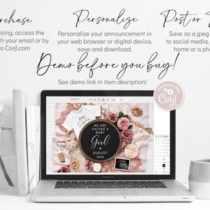 May include: A laptop screen displaying a digital design template for a baby girl announcement. The design features a black and white wreath with the text "We are having a baby girl" and the month and year "August 2024". The design is surrounded by pink and white flowers and other baby-related items.