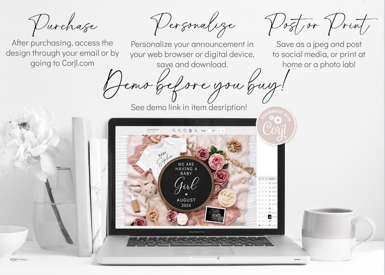 May include: A laptop screen displaying a digital design template for a baby girl announcement. The design features a black and white wreath with the text "We are having a baby girl" and the month and year "August 2024". The design is surrounded by pink and white flowers and other baby-related items.