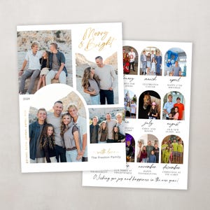 May include: A Christmas card featuring a family portrait with the text "Merry & Bright" and "with love, The Preston Family". The card also includes a collage of photos from the year, with each photo representing a different month.