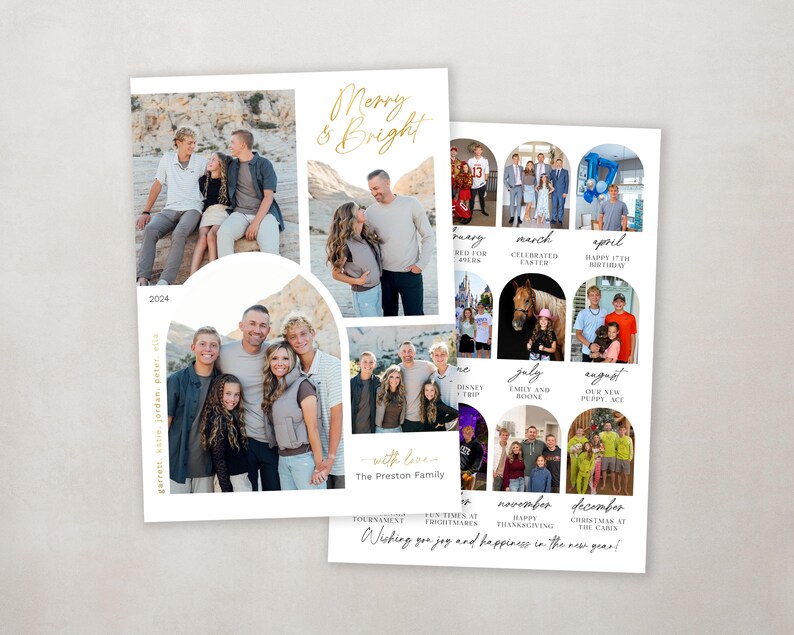 May include: A Christmas card featuring a family portrait with the text "Merry & Bright" and "with love, The Preston Family". The card also includes a collage of photos from the year, with each photo representing a different month.