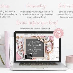 Może przedstawiać: Ekran laptopa wyświetlający cyfrowy szablon projektu do ogłoszenia o narodzinach dziecka. Szablon zawiera tablicę kredową z tekstem "It's a Girl! Baby Smith joining our family August 2022". Projekt jest otoczony r&oacute;żowymi i białymi ozdobami.