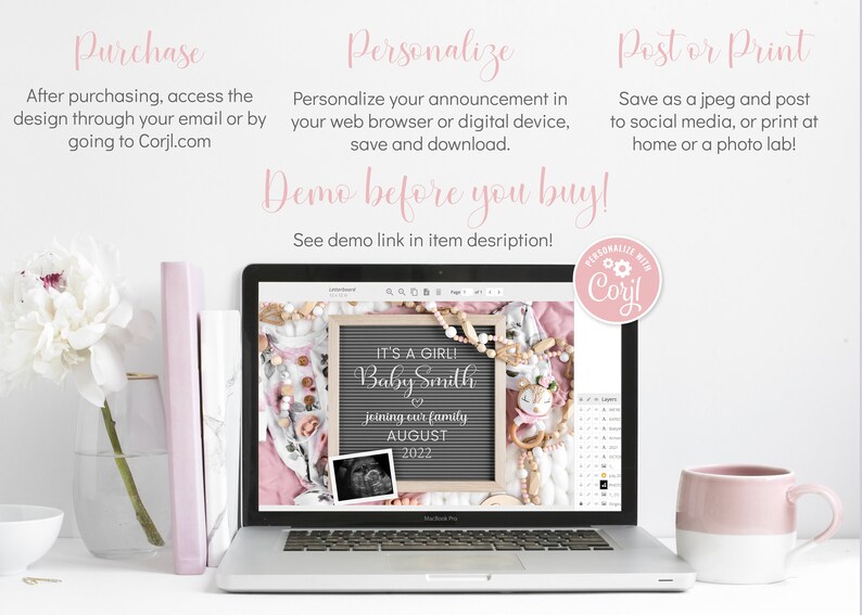 Może przedstawiać: Ekran laptopa wyświetlający cyfrowy szablon projektu do ogłoszenia o narodzinach dziecka. Szablon zawiera tablicę kredową z tekstem "It's a Girl! Baby Smith joining our family August 2022". Projekt jest otoczony r&oacute;żowymi i białymi ozdobami.