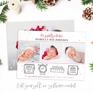 May include: A Christmas-themed birth announcement card with three photos of a newborn baby girl. The card includes the baby's name, birth date, time, weight, and length. The text "We joyfully introduce Isabella May Johnson" is written in pink cursive.