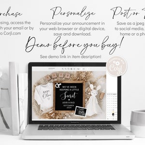 May include: A laptop screen showing a digital design template for a baby announcement. The design features a black chalkboard with the text "We've been keeping a little secret" and a baby onesie with the text "Baby Olsen".