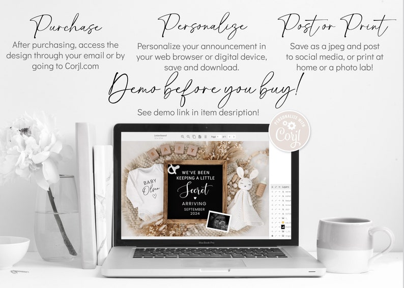 May include: A laptop screen showing a digital design template for a baby announcement. The design features a black chalkboard with the text "We've been keeping a little secret" and a baby onesie with the text "Baby Olsen".