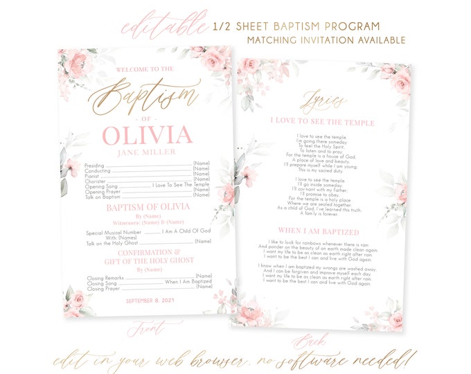 Baptism Program | LDS Baptism Program  | LDS Baptism Programs | Floral Program Template | Girl Baptism Program | Corjl