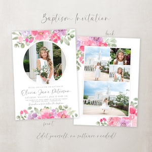 May include: A baptism invitation with a watercolor floral design in shades of pink and purple. The front of the invitation features a photo of a young girl in a white dress holding a bouquet of flowers. The back of the invitation features a collage of photos of the girl and the church where the baptism will be held. The text on the invitation reads "Please join us for the baptism of Olivia Jane Peterson, Saturday, August 1, 2024 at 10:00 AM, The Church of Jesus Christ of Latter-day Saints, 125 North 100 West Farmington, Refreshments to follow the baptism."