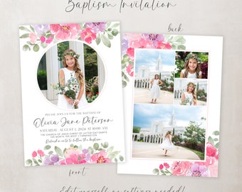 LDS Baptism Invitation Girl Floral Baptism Invite Girl Baptism Invitation Customizable Template Editable Corjl Instant Download