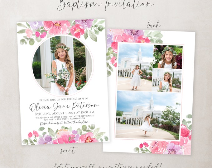 LDS Baptism Invitation Girl Floral Baptism Invite Girl Baptism Invitation Customizable Template Editable Corjl Instant Download