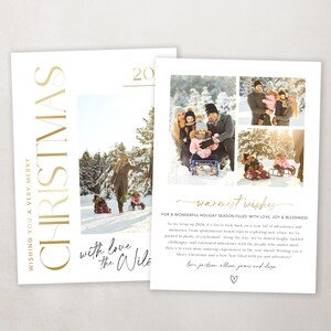May include: A Christmas card with a gold foil design and a family photo. The card reads "Wishing you a very merry Christmas" and "with love the Wile". The photo shows a family of five in winter clothing, enjoying a snowy day.