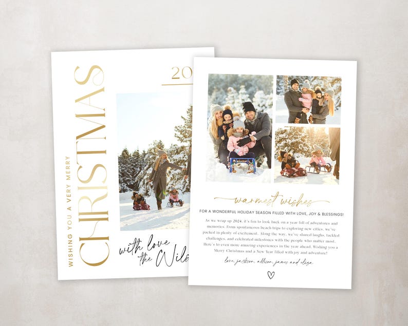 May include: A Christmas card with a gold foil design and a family photo. The card reads "Wishing you a very merry Christmas" and "with love the Wile". The photo shows a family of five in winter clothing, enjoying a snowy day.