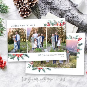 May include: A Christmas card with a collage of family photos. The card has a watercolor border with red berries and green leaves. The text on the card reads "Merry Christmas" and "Will Love, The Holland Family 2021".