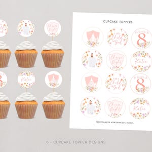 May include: Six cupcake topper designs featuring a pink and white color scheme. The designs include a shield with the words "Choose Right", a circle with the words "I am a Child of God", a circle with the number "8" surrounded by flowers, a circle with the name "Katie" surrounded by flowers, a circle with a temple and flowers, and a circle with a person in a white robe and flowers.