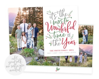 Photo Christmas Card Template | Red & Green Holiday Card (5x7) Editable