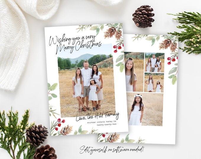 Watercolor Christmas Card Template | Christmas Cards Template | Photo Holiday Card Template | Christmas Card | Corjl