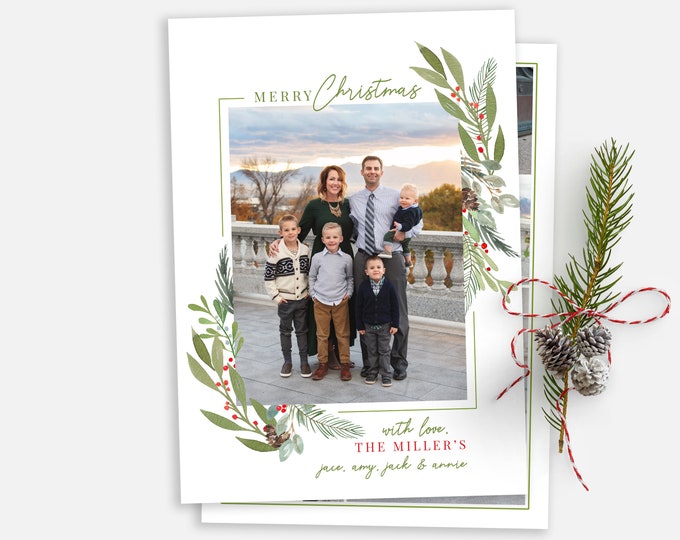 Christmas Card Template - Holiday Card - Floral Watercolor Christmas Card - Merry Christmas - Photo Card Template - Editable Christmas Card