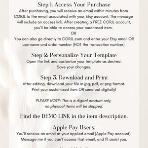 May include: A white background with black text outlining instructions for accessing, personalizing, and downloading a digital product. The text includes the phrase "Easy 3-Step Instructions" and the website address "www.PinkHeartDesignShop.com".