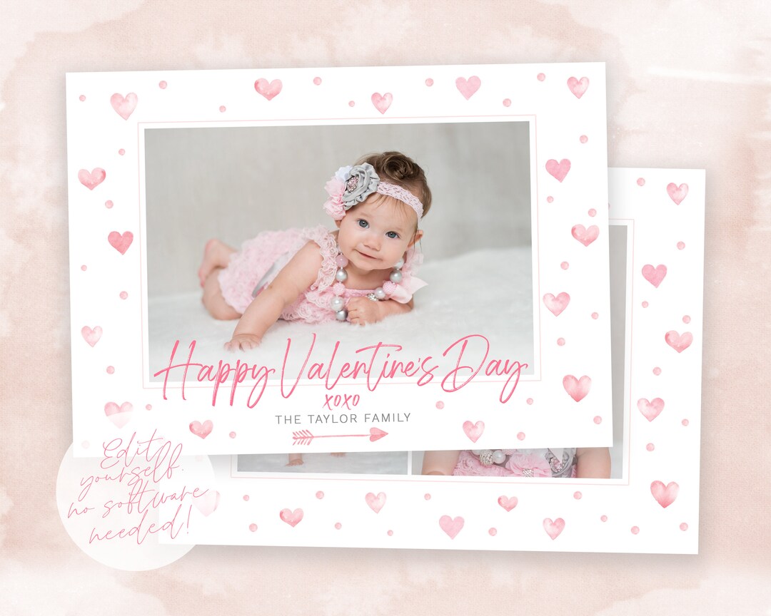 Watercolor Hearts Valentine's Day Photo Card Template (instant Download ...