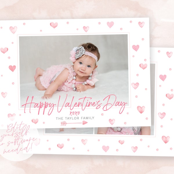 Valentine's Day Card Template | Valentine's Day DIY Template | Valentine's Day Photo Card | Instant Download | Watercolor Hearts Card