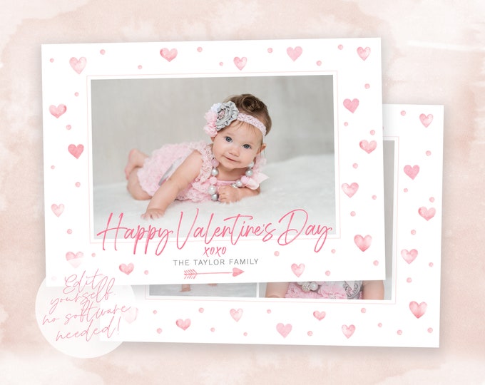 Valentine's Day Card Template | Valentine's Day DIY Template | Valentine's Day Photo Card | Instant Download | Watercolor Hearts Card