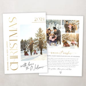 May include: A Christmas card with a gold foil design and a family photo. The card reads "Wishing you a very merry Christmas" and "with love, the Wilsons". The photo shows a family of four in a snowy winter scene.