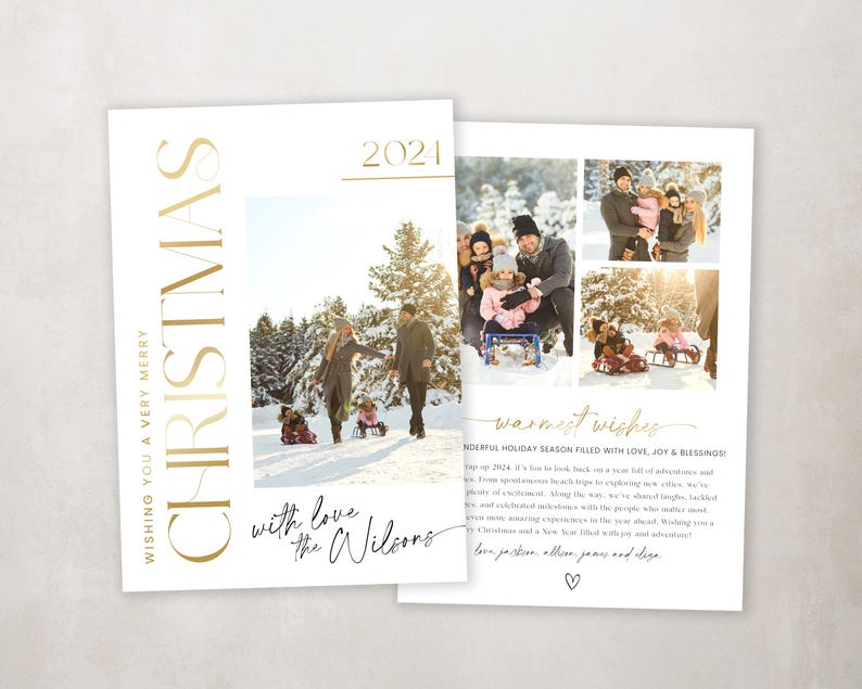 May include: A Christmas card with a gold foil design and a family photo. The card reads "Wishing you a very merry Christmas" and "with love, the Wilsons". The photo shows a family of four in a snowy winter scene.