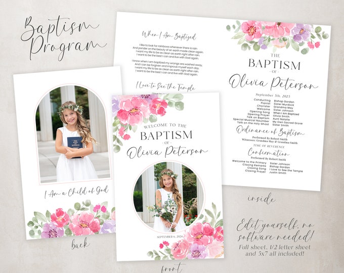 LDS Baptism Program Girl Baptism Program LDS Baptism LDS Girls Baptism Program Customizable Baptism Program