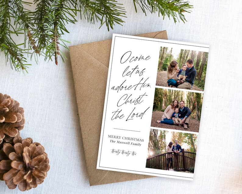 May include: A Christmas card with a photo collage of a family of three. The card has the text "Come let us adore Him, Christ the Lord" and "Merry Christmas, The Maxwell Family".