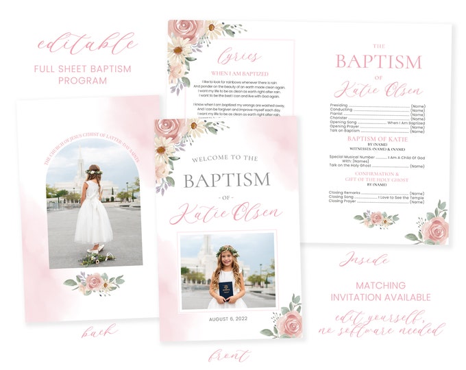 LDS Baptism Program Girl - Girl Baptism Program LDS - Editable Floral Program - Instant Download - Baptism Program Template - Corjl