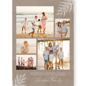 May include: A Christmas card featuring a collage of photos of a family on a beach. The card has a brown background with white floral accents and the text "Wishing you a wonderful holiday season full of joy and happiness! The Knox Family".